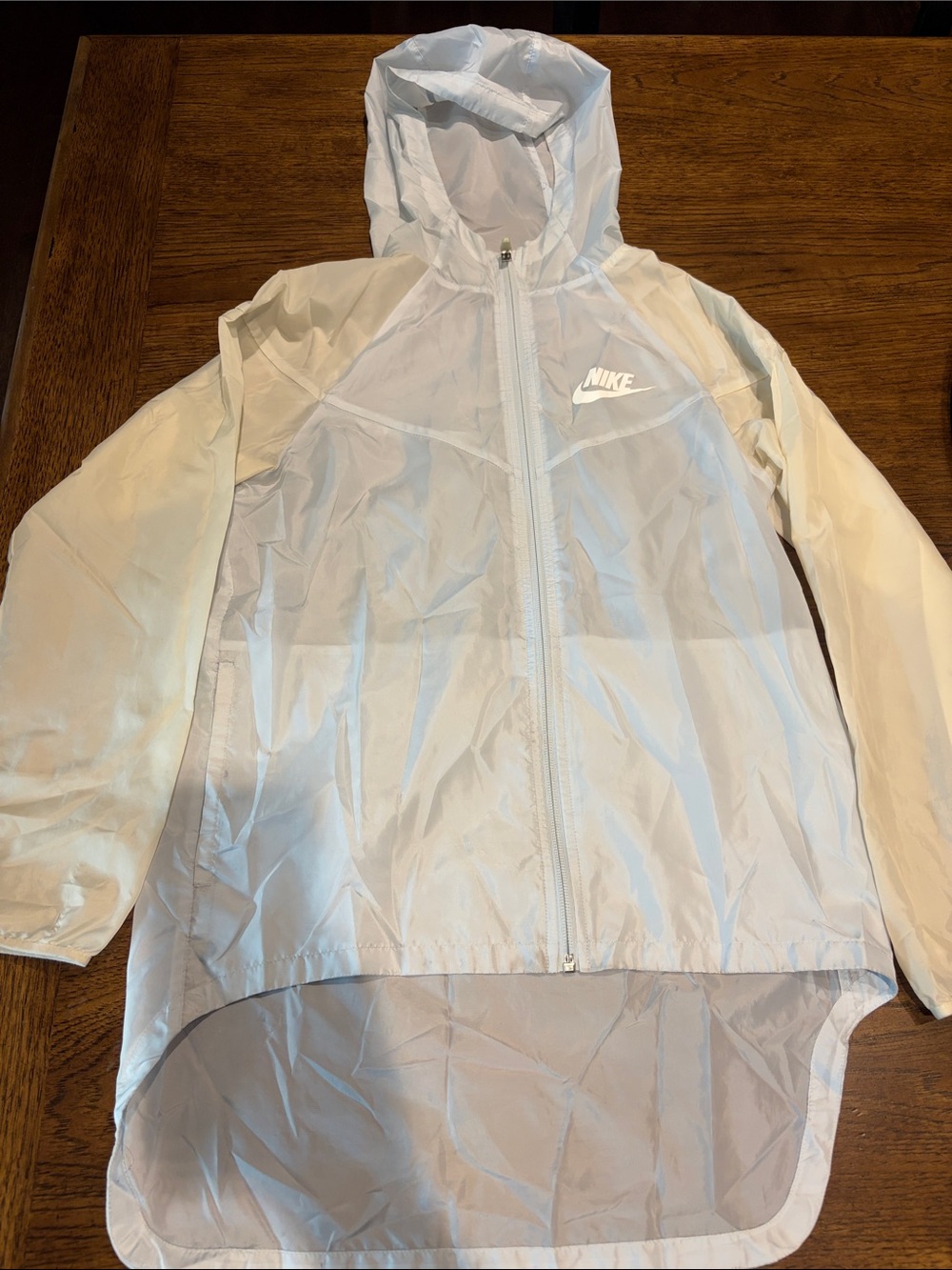 Nike EUC Women’s Gry & Cream Packable Hooded Rain Jacket Size L long bottom